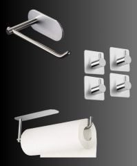 Paslanmaz Çelik Kağıt Havlu Askılığı / Tuvalet Kağıtlığı / 4 Adet Paslanmaz Çelik Banyo Askısı